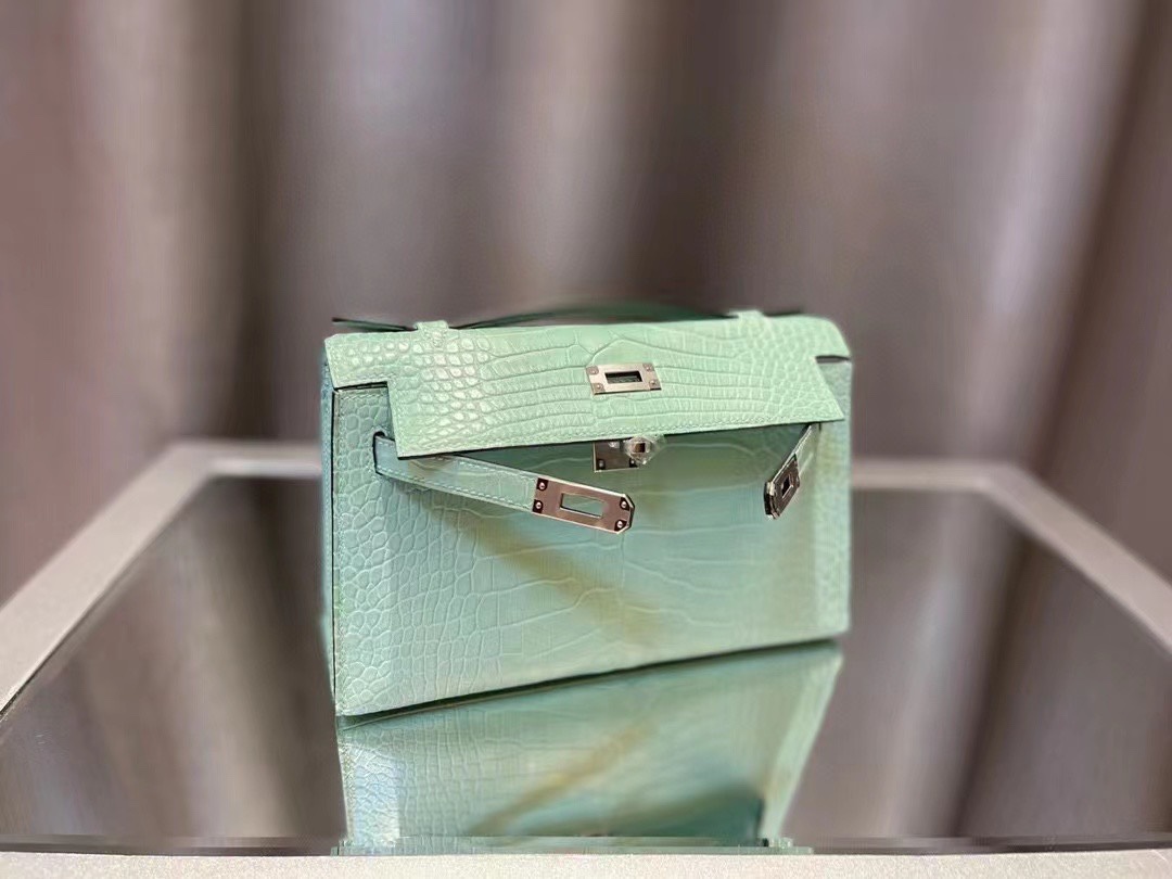 에르메스 켈리 포쉐트 민트 은장 악어가죽